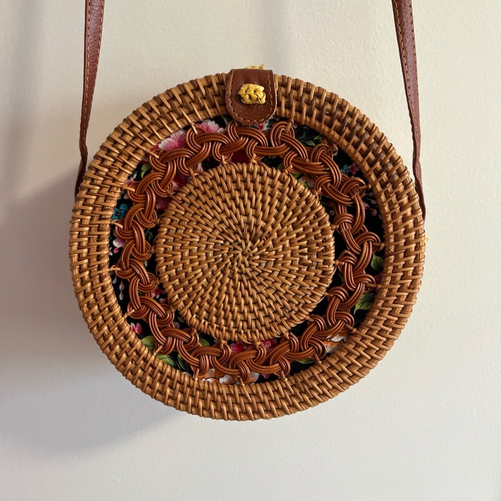Made In Thailand Round Floral Lined Crossbody Purse Bag Tote Brown Blue Woven